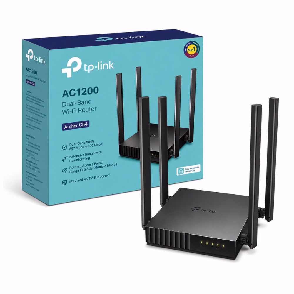 tp-link-archer-c54-ac1200-router-1 เราเตอร์ TP-Link Archer C54 AC1200 Dual Band วางคู่กับกล่องผลิตภัณฑ์สีฟ้า
