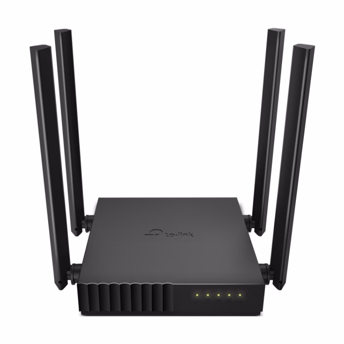 tp-link-archer-c54-ac1200-router-2 เราเตอร์ TP-Link Archer C54 สีดำ ด้านหน้าตรง แสดงเสาอากาศ 4 ต้นและไฟสถานะ LED