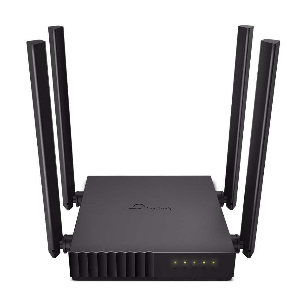เราเตอร์ TP-Link Archer C54 สีดำ ด้านหน้าตรง แสดงเสาอากาศ 4 ต้นและไฟสถานะ LED