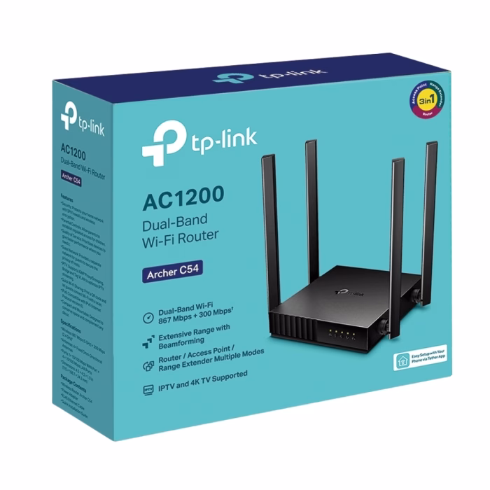 tp-link-archer-c54-ac1200-router-4 เราเตอร์ไร้สาย TP-Link Archer C54 AC1200 วางเฉียงคู่กับกล่องบรรจุภัณฑ์สีฟ้า