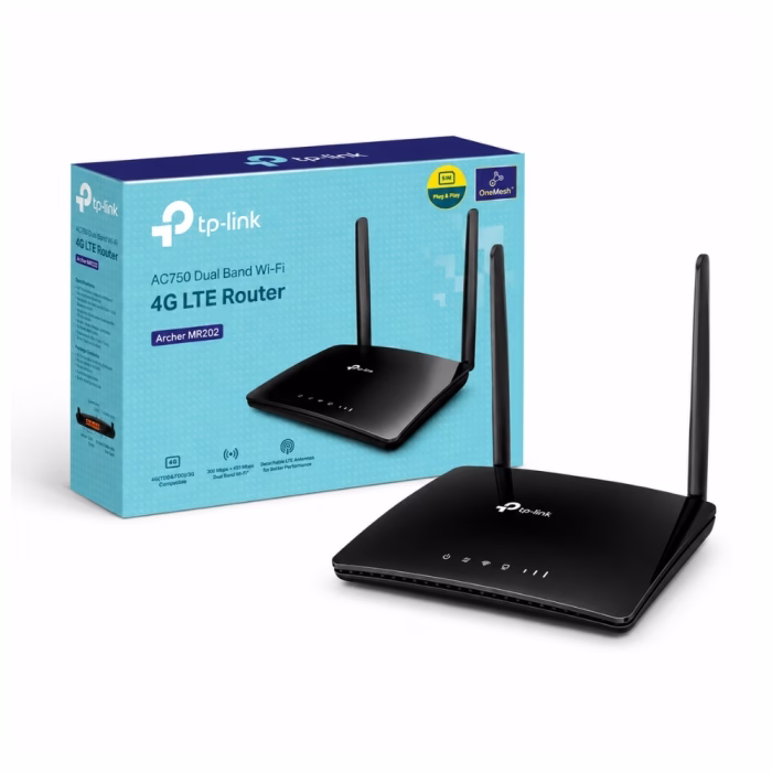 เราเตอร์ 4G TP-Link Archer MR202 Wireless AC750 Dual Band วางคู่กับกล่องบรรจุภัณฑ์สีฟ้า