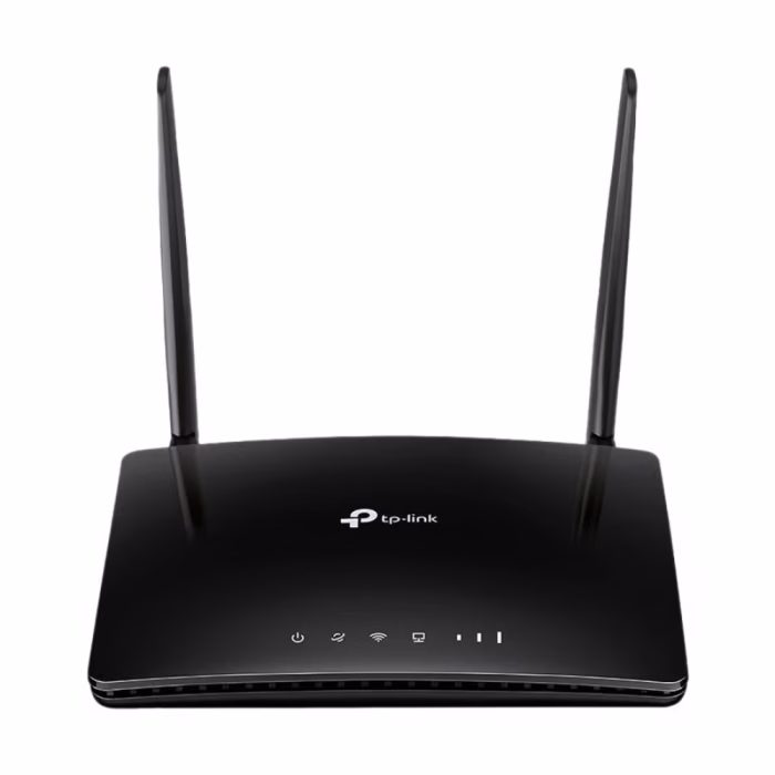 เราเตอร์ 4G TP-Link Archer MR202 สีดำ ด้านหน้าตรง แสดงเสาอากาศ 2 ต้นและไฟสถานะ LED