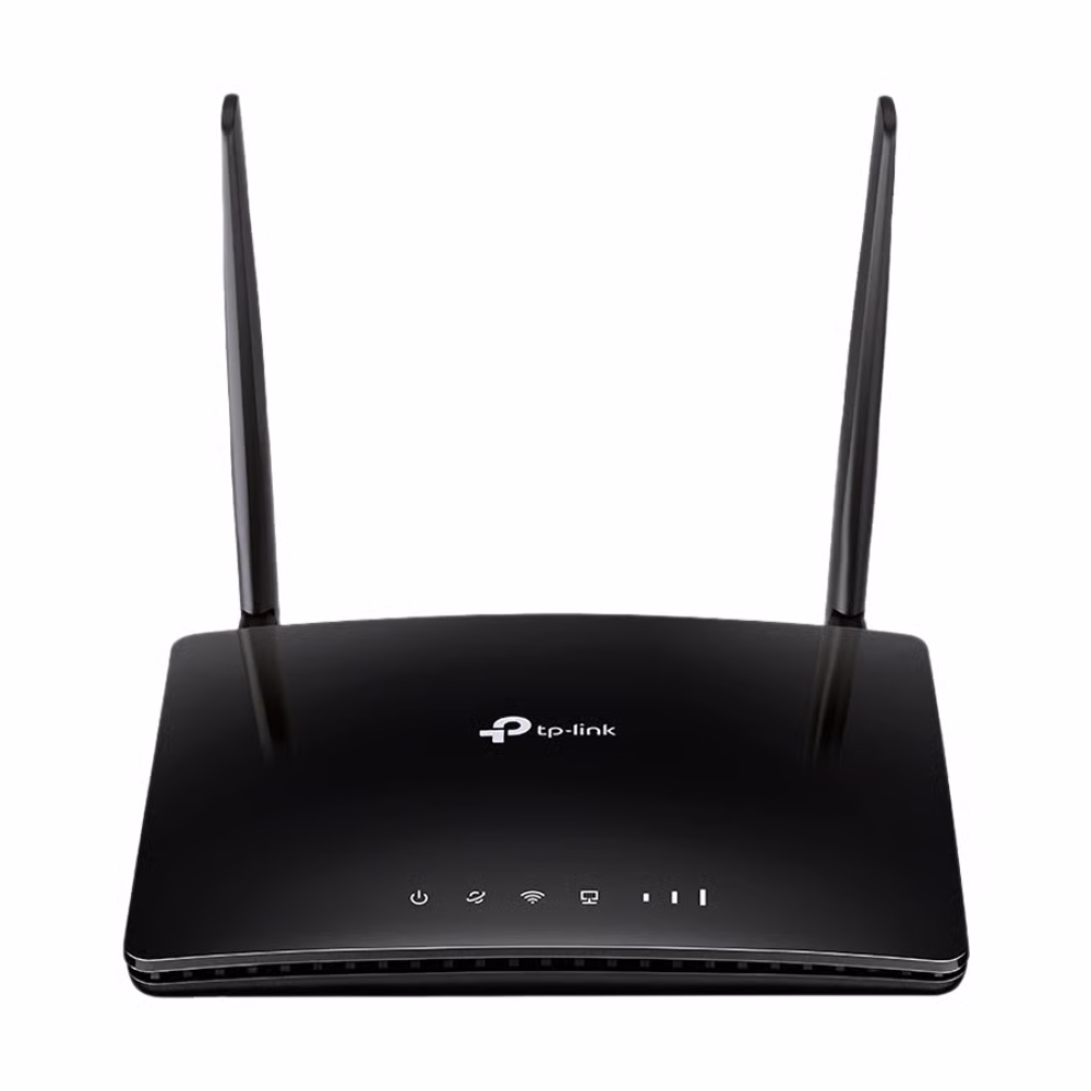 เราเตอร์ 4G TP-Link Archer MR202 สีดำ ด้านหน้าตรง แสดงเสาอากาศ 2 ต้นและไฟสถานะ LED