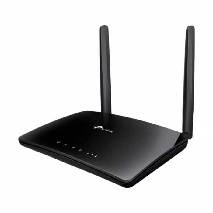 เราเตอร์ 4G TP-Link Archer MR202 AC750 มุมเฉียง แสดงตัวเครื่องสีดำและเสาอากาศตั้งตรง