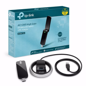 ตัวรับสัญญาณไวไฟ TP-Link Archer T4U AC1200 และแท่นวางสายขยาย วางคู่กับกล่องบรรจุภัณฑ์