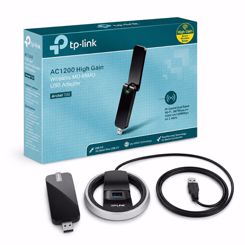 tp-link-archer-t4u-ac1200-1 ตัวรับสัญญาณไวไฟ TP-Link Archer T4U AC1200 และแท่นวางสายขยาย วางคู่กับกล่องบรรจุภัณฑ์