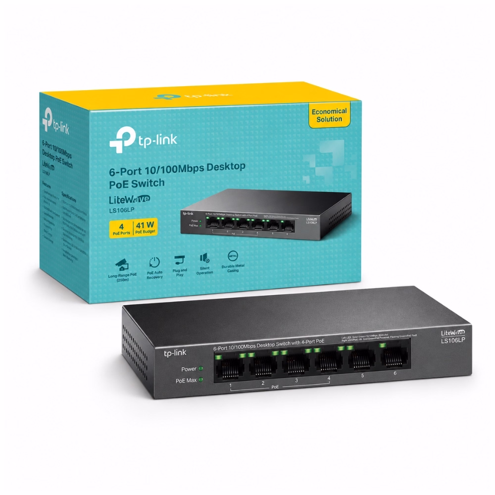 tp-link-ls106lp-6-port-poe-switch-1 สวิตชิ่งฮับ TP-Link LS106LP 6-Port PoE Switch วางคู่กับกล่องบรรจุภัณฑ์สีฟ้าเหลือง
