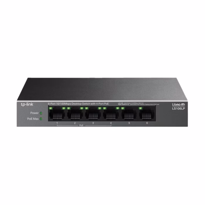 สวิตชิ่งฮับ TP-Link LS106LP หน้ากว้างตรง แสดงพอร์ตแลน 6 ช่อง และไฟสถานะ LED