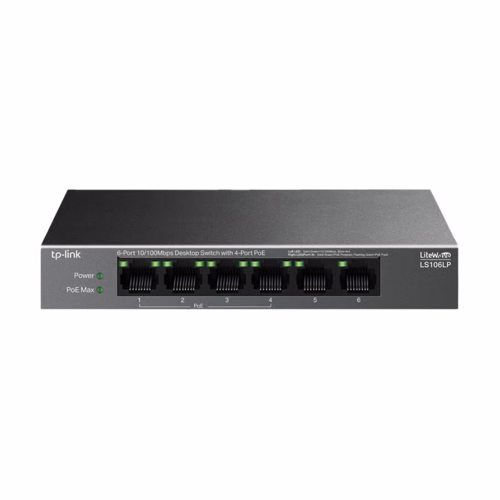 สวิตชิ่งฮับ TP-Link LS106LP หน้ากว้างตรง แสดงพอร์ตแลน 6 ช่อง และไฟสถานะ LED