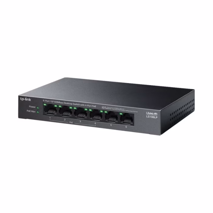 สวิตชิ่งฮับ TP-Link LS106LP มุมเฉียง แสดงตัวเครื่องสีดำด้านพรีเมียม