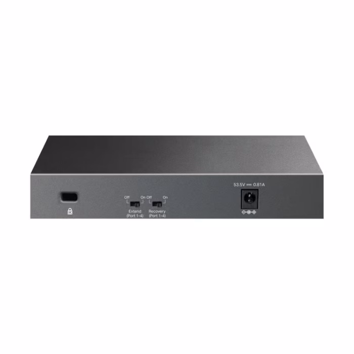 แผงด้านหลังสวิตชิ่งฮับ TP-Link LS106LP แสดงสวิตช์ Extend, Recovery และช่องต่อสายไฟ