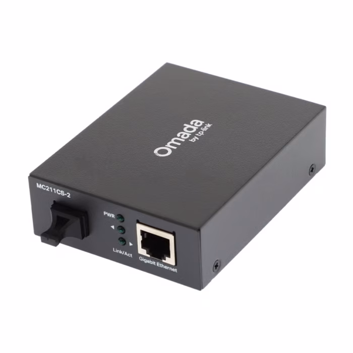 ตัวเครื่องมีเดียคอนเวอร์เตอร์ TP-Link MC211CS-2 สีดำ แสดงพอร์ตไฟเบอร์ออปติก ไฟสถานะ LED และพอร์ต Gigabit Ethernet ด้านหน้า