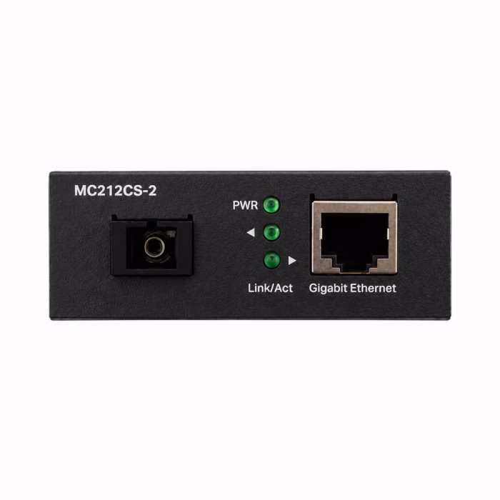 ด้านหน้ามีเดียคอนเวอร์เตอร์ TP-Link MC212CS-2 แสดงพอร์ตเชื่อมต่อไฟเบอร์ ไฟสถานะ LED และพอร์ต Gigabit Ethernet