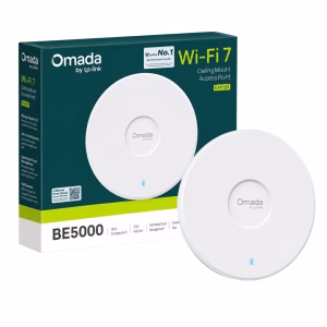 tp-link-omada-eap720-be5000-1 แอคเซสพอยต์ TP-Link Omada EAP720 Wi-Fi 7 ทรงกลมสีขาว วางคู่กับกล่องบรรจุภัณฑ์ BE5000