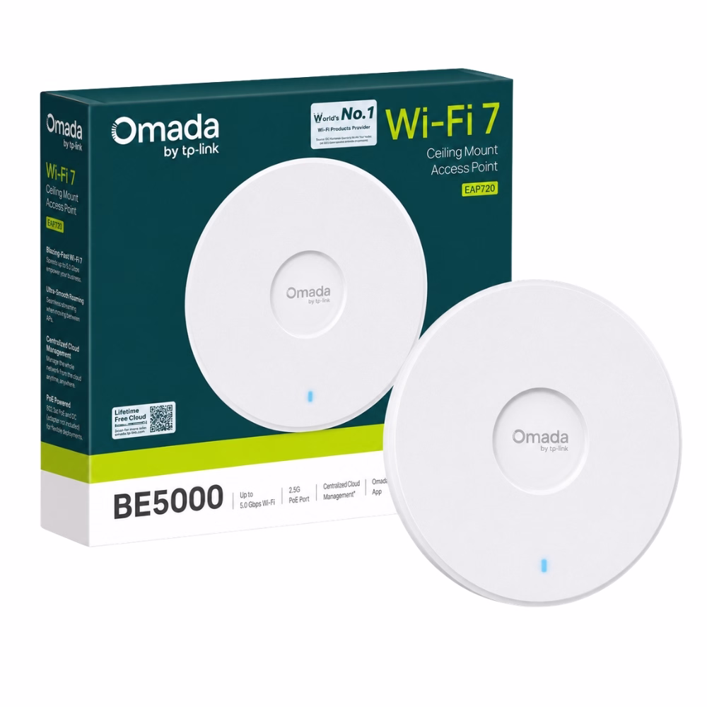 tp-link-omada-eap720-be5000-1 แอคเซสพอยต์ TP-Link Omada EAP720 Wi-Fi 7 ทรงกลมสีขาว วางคู่กับกล่องบรรจุภัณฑ์ BE5000