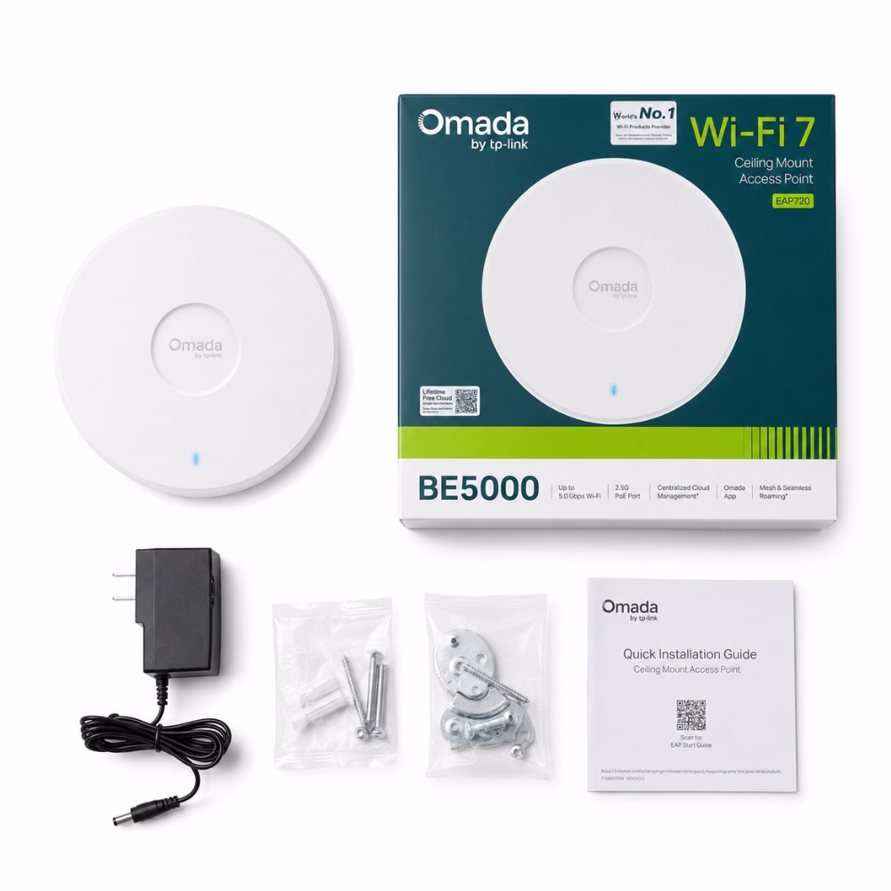 อุปกรณ์ในกล่องแอคเซสพอยต์ TP-Link Omada EAP720 BE5000 ประกอบด้วยตัวเครื่อง กล่อง อแดปเตอร์แปลงไฟ ชุดน็อตยึด และคู่มือ