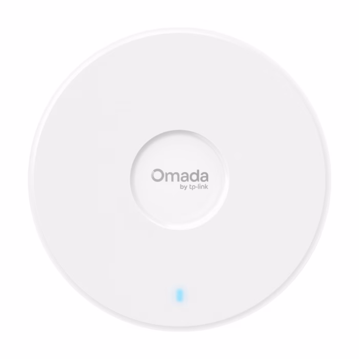 tp-link-omada-eap720-be5000-3 ด้านหน้าแอคเซสพอยต์ติดเพดาน TP-Link Omada EAP720 สีขาว ทรงกลม แสดงโลโก้ Omada และไฟ LED แสดงสถานะ