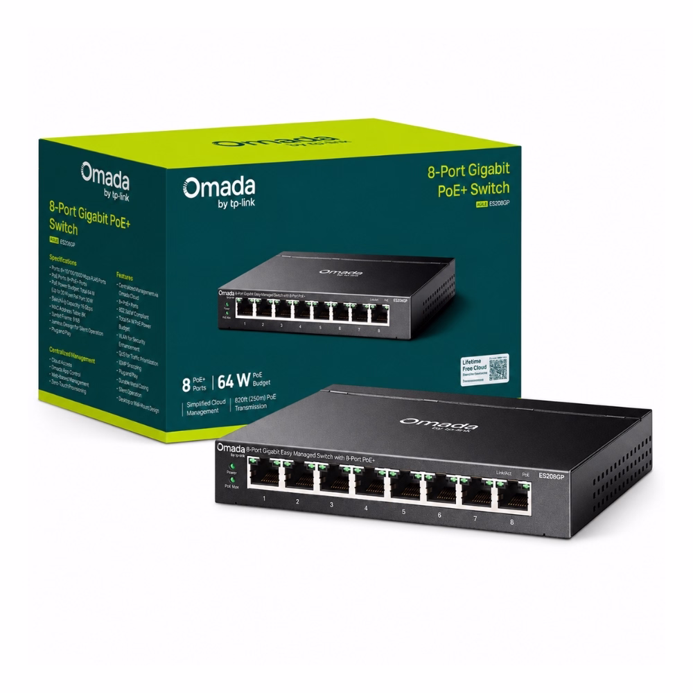 tp-link-omada-es208g-8-port-gigabit-1 สวิตชิ่งฮับ TP-Link Omada 8-Port Gigabit Switch สีดำ วางคู่กับกล่องบรรจุภัณฑ์สีเขียวเข้ม