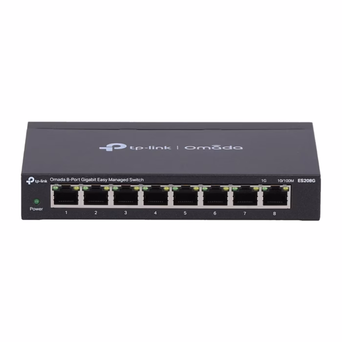 สวิตชิ่งฮับ TP-Link Omada ES208G สีดำ ด้านหน้าตรง แสดงพอร์ตแลน Gigabit 8 ช่องและไฟสถานะ Power