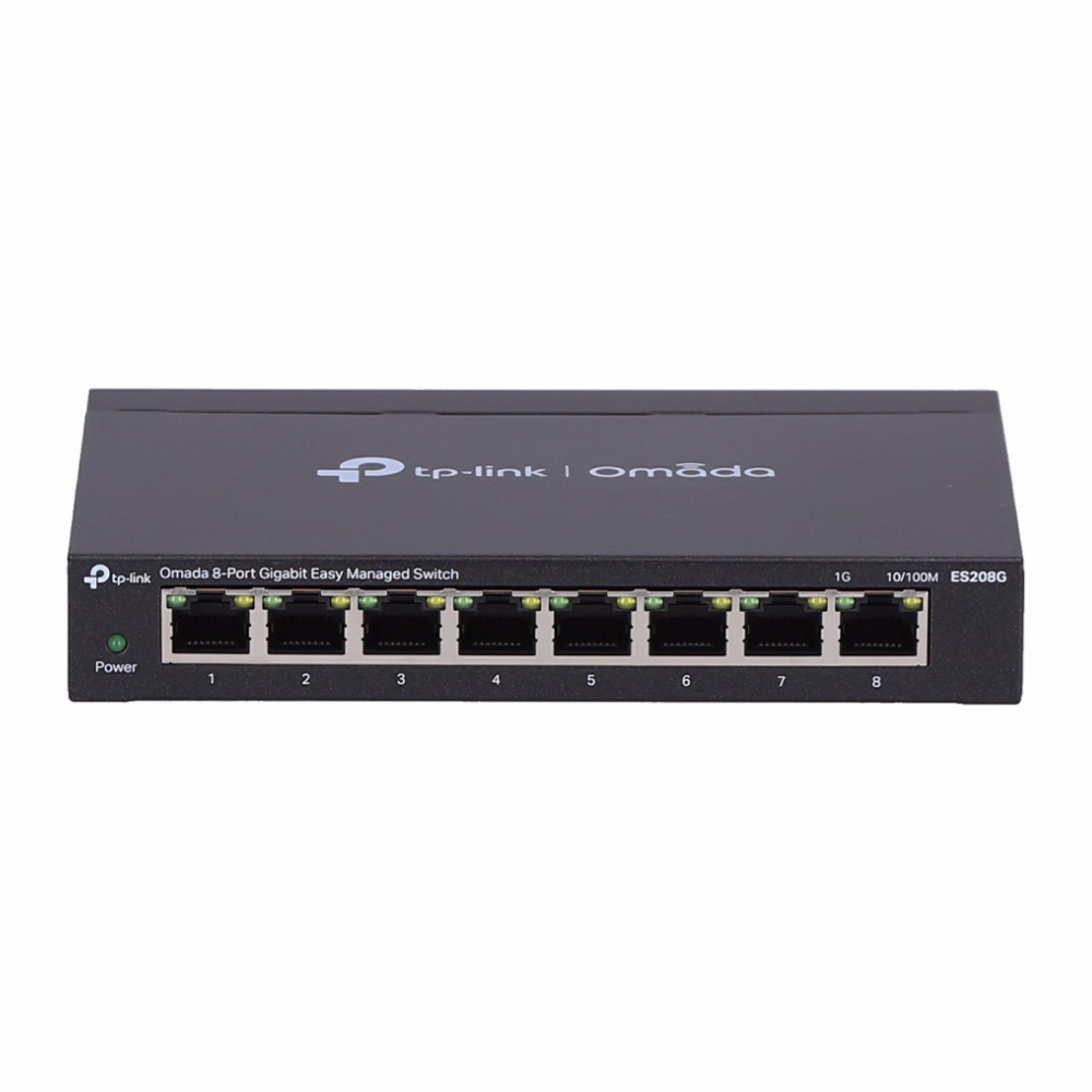 สวิตชิ่งฮับ TP-Link Omada ES208G สีดำ ด้านหน้าตรง แสดงพอร์ตแลน Gigabit 8 ช่องและไฟสถานะ Power