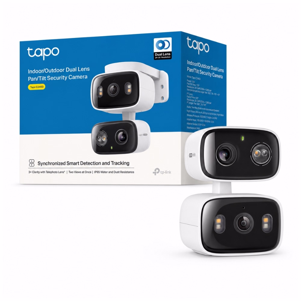 กล้องวงจรปิดไร้สาย TP-Link Tapo C246D Dual Lens เลนส์คู่ 3MP+3MP วางคู่กับกล่องบรรจุภัณฑ์สีฟ้า