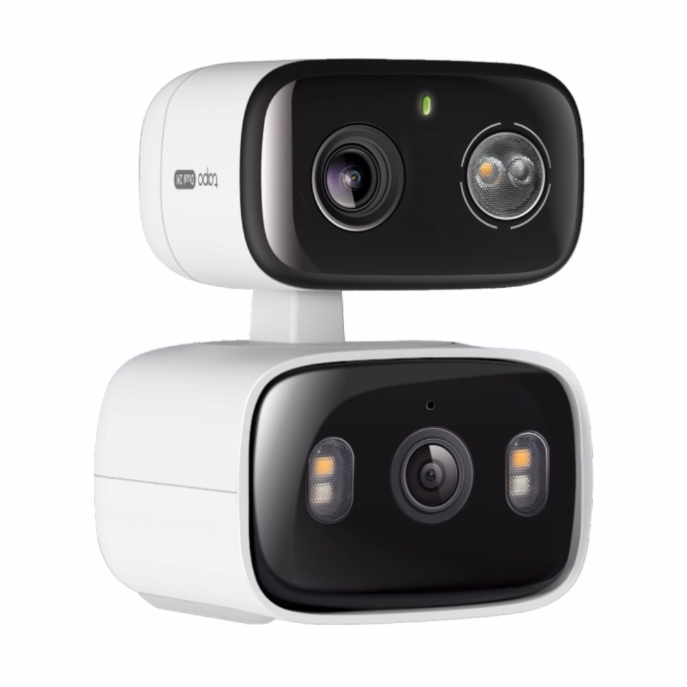 ตัวกล้องวงจรปิด TP-Link Tapo C246D เลนส์คู่ ด้านหน้าแสดงเลนส์กล้องสองชุดและไฟส่องสว่าง