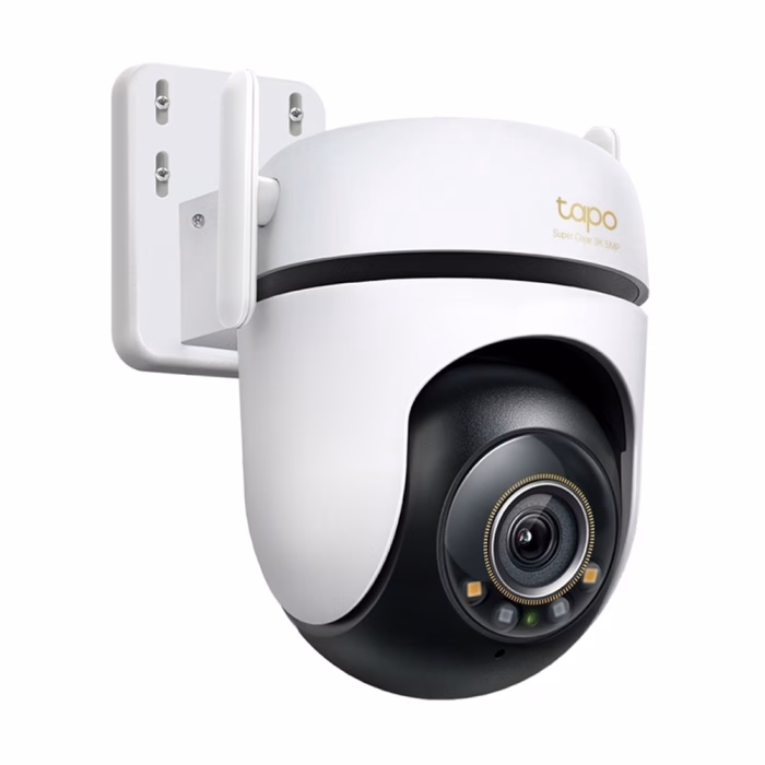กล้องวงจรปิดไร้สาย TP-Link Tapo C530WS สีขาวดำ มุมมองด้านข้างซ้าย แสดงเสาอากาศ Wi-Fi และขายึดผนัง