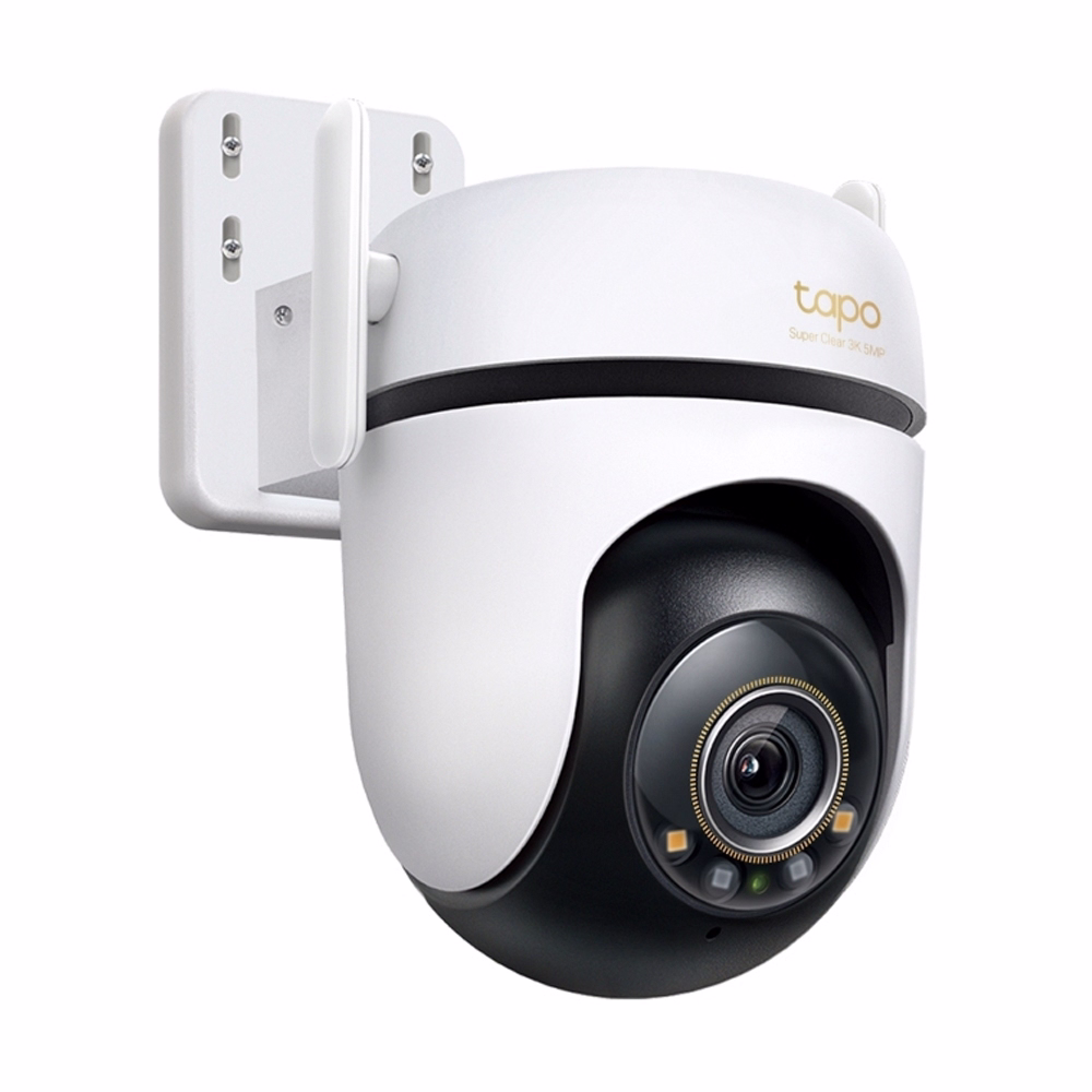 กล้องวงจรปิดไร้สาย TP-Link Tapo C530WS สีขาวดำ มุมมองด้านข้างซ้าย แสดงเสาอากาศ Wi-Fi และขายึดผนัง