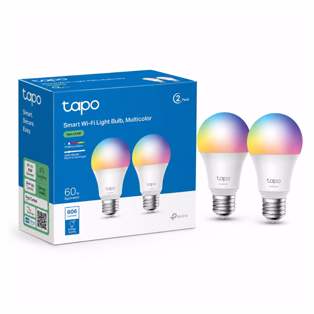 tp-link-tapo-l530e-2pack-1 หลอดไฟอัจฉริยะ TP-Link Tapo L530E Smart Bulb แพ็ก 2 หลอด วางคู่กับกล่องบรรจุภัณฑ์สีฟ้า