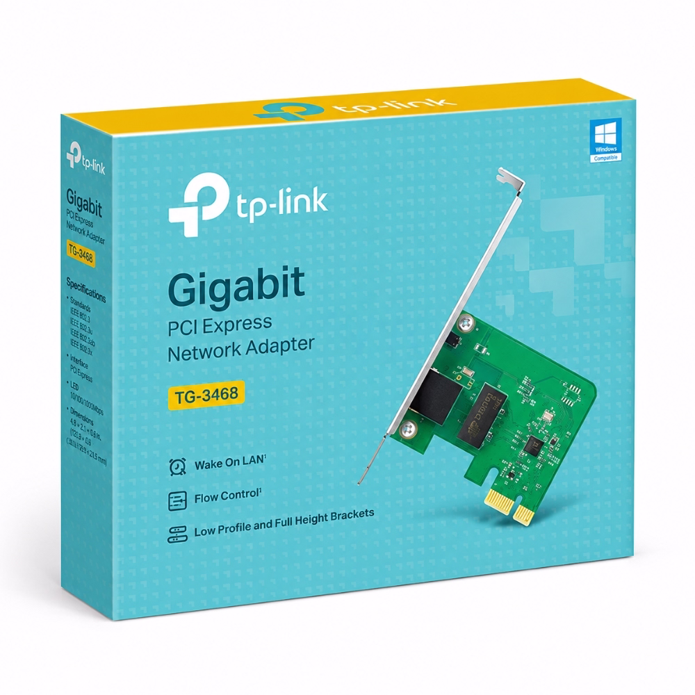 การ์ดแลน TP-LINK TG-3468 Gigabit PCI Express วางคู่กับกล่องบรรจุภัณฑ์สีฟ้าเหลือง