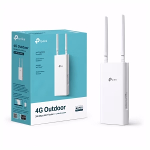 เราเตอร์ 4G ภายนอกอาคาร TP-Link TL-MR100-Outdoor สีขาว พร้อมเสาอากาศคู่ วางคู่กับกล่องบรรจุภัณฑ์