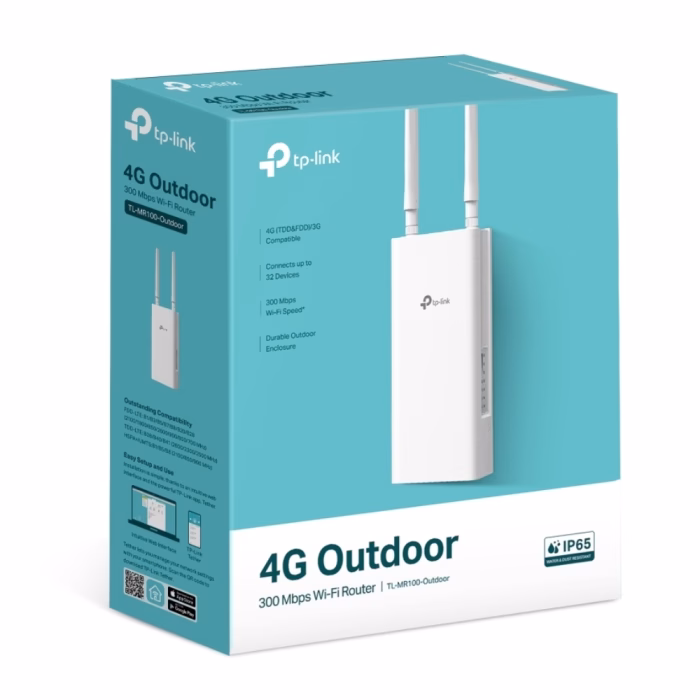 tp-link-tl-mr100-outdoor-4g-router-3 กล่องบรรจุภัณฑ์เราเตอร์ 4G ภายนอกอาคาร TP-Link TL-MR100-Outdoor สีฟ้าขาว แสดงฟังก์ชันมาตรฐาน IP65