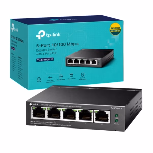 สวิตชิ่งฮับ TP-Link TL-SF1005LP 5-Port 10/100Mbps วางคู่กับกล่องบรรจุภัณฑ์สีฟ้า