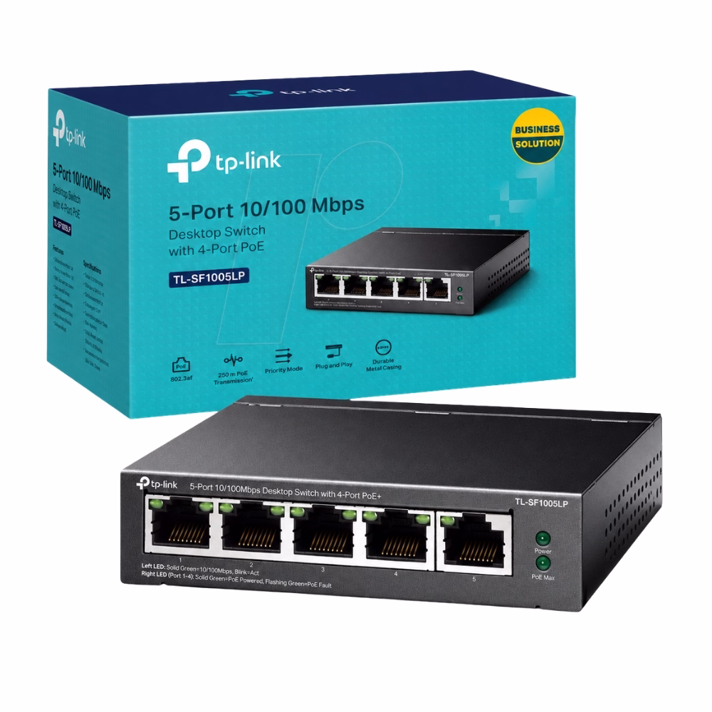 tp-link-tl-sf1005lp-5-port-poe-1 สวิตชิ่งฮับ TP-Link TL-SF1005LP 5-Port 10/100Mbps วางคู่กับกล่องบรรจุภัณฑ์สีฟ้า