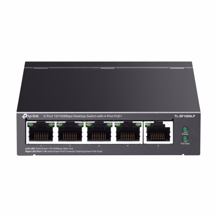 แผงด้านหลังสวิตชิ่งฮับ TP-Link TL-SF1005LP แสดงสวิตช์ปรับโหมด Extend Priority Recovery และช่องต่อไฟ DC