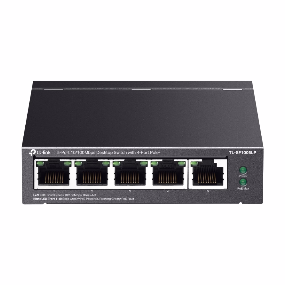 แผงด้านหลังสวิตชิ่งฮับ TP-Link TL-SF1005LP แสดงสวิตช์ปรับโหมด Extend Priority Recovery และช่องต่อไฟ DC
