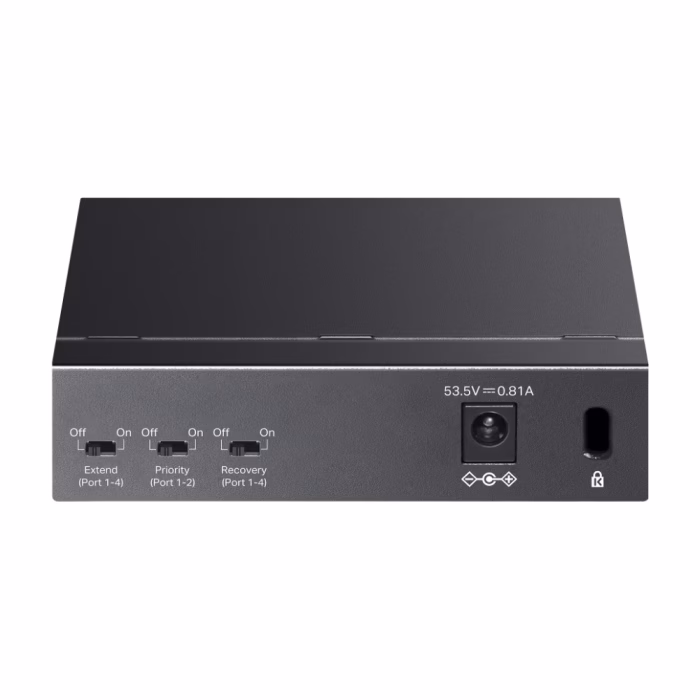 ด้านหน้าสวิตชิ่งฮับ TP-Link TL-SF1005LP สีดำ หน้าตรง แสดงพอร์ต LAN 5 ช่อง และไฟสถานะ LED