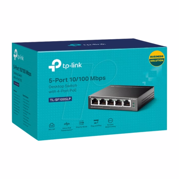 กล่องบรรจุภัณฑ์สวิตชิ่งฮับ TP-Link TL-SF1005LP 5-Port 10/100Mbps Desktop Switch with 4-Port PoE สีฟ้า