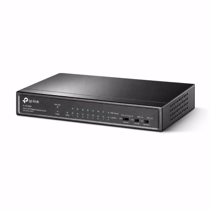 สวิตชิ่งฮับ TP-Link TL-SF1009P สีดำ มุมมองด้านข้างเฉียง แสดงไฟสถานะ LED และสวิตช์ควบคุม