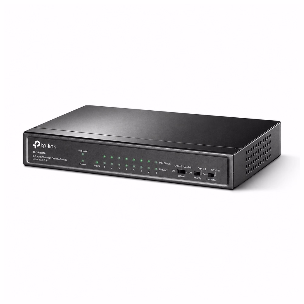 สวิตชิ่งฮับ TP-Link TL-SF1009P สีดำ มุมมองด้านข้างเฉียง แสดงไฟสถานะ LED และสวิตช์ควบคุม