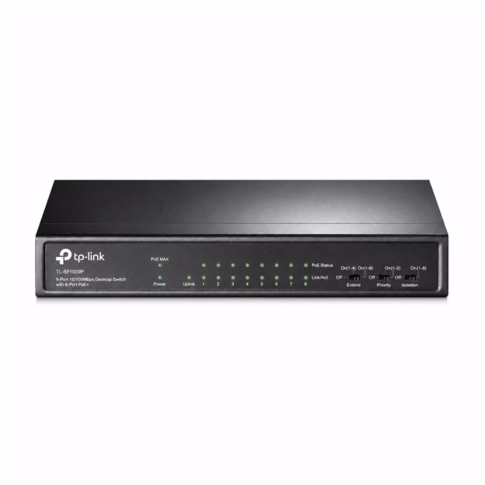 สวิตชิ่งฮับ TP-Link TL-SF1009P ด้านหน้าตรง แสดงไฟสถานะ LED และสวิตช์ปรับโหมดการทำงาน