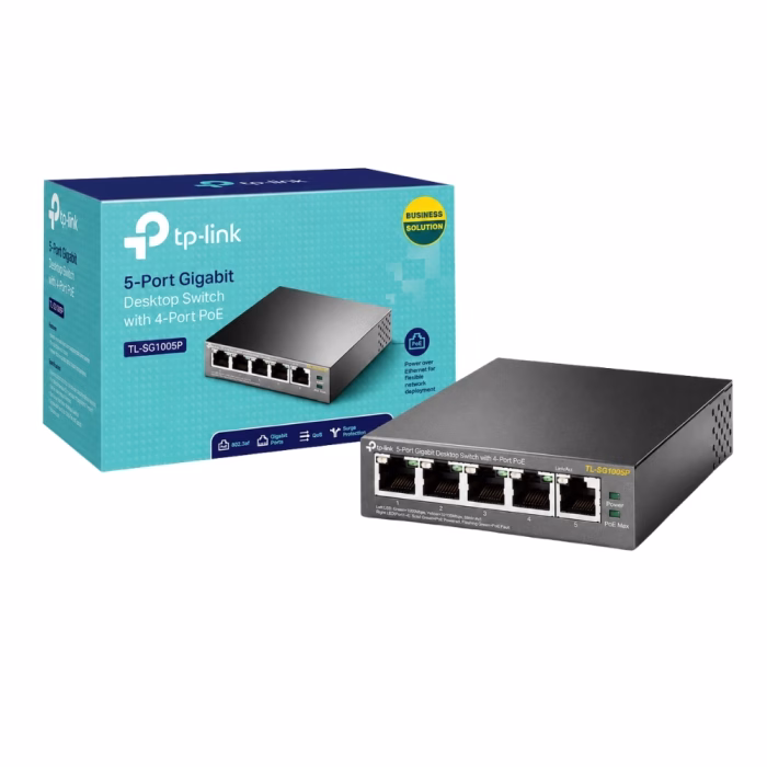 tp-link-tl-sg1005p-5-port-gigabit-1 สวิตชิ่งฮับ TP-Link TL-SG1005P 5-Port Gigabit Switch วางคู่กับกล่องบรรจุภัณฑ์สีฟ้า