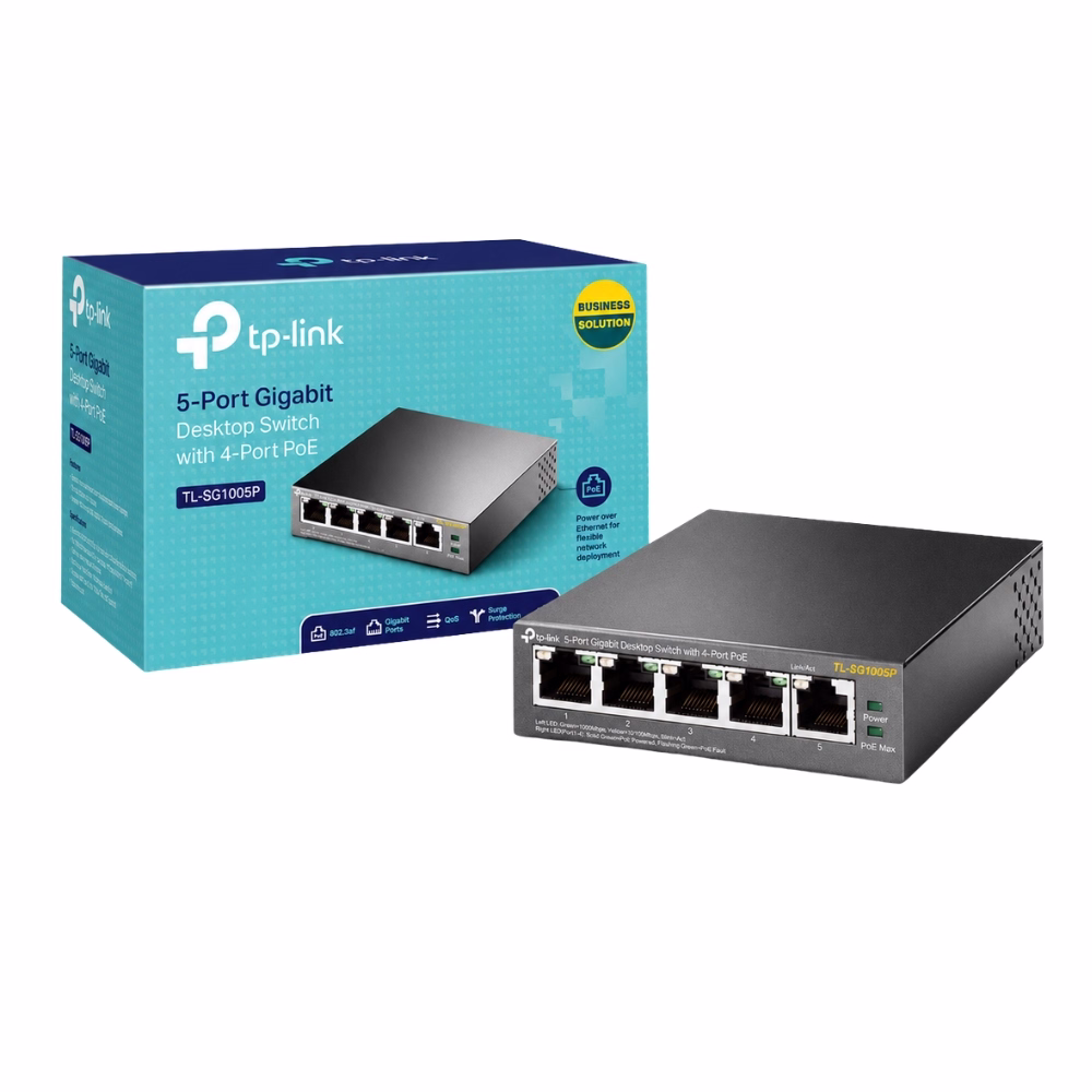 tp-link-tl-sg1005p-5-port-gigabit-1 สวิตชิ่งฮับ TP-Link TL-SG1005P 5-Port Gigabit Switch วางคู่กับกล่องบรรจุภัณฑ์สีฟ้า