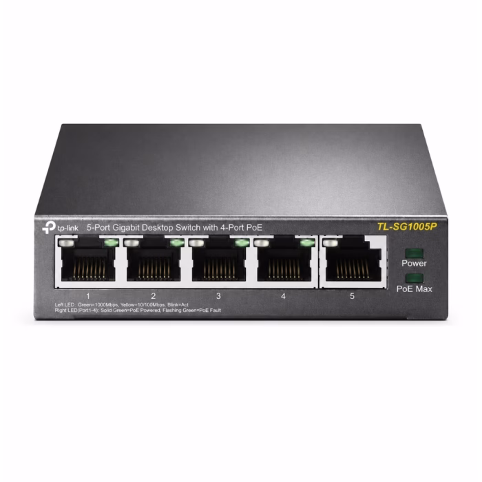 tp-link-tl-sg1005p-5-port-gigabit-2 สวิตชิ่งฮับ TP-Link TL-SG1005P หน้าตรง แสดงพอร์ตแลน Gigabit 5 ช่อง และไฟสถานะ LED