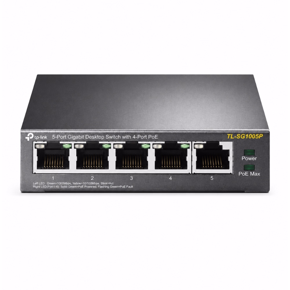 สวิตชิ่งฮับ TP-Link TL-SG1005P หน้าตรง แสดงพอร์ตแลน Gigabit 5 ช่อง และไฟสถานะ LED