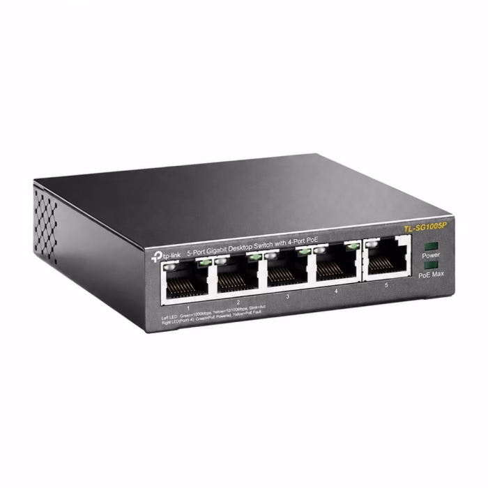 tp-link-tl-sg1005p-5-port-gigabit-3 สวิตชิ่งฮับ TP-Link TL-SG1005P สีดำ มุมมองด้านข้างเฉียง แสดงตัวเครื่องโลหะแข็งแรงทนทาน