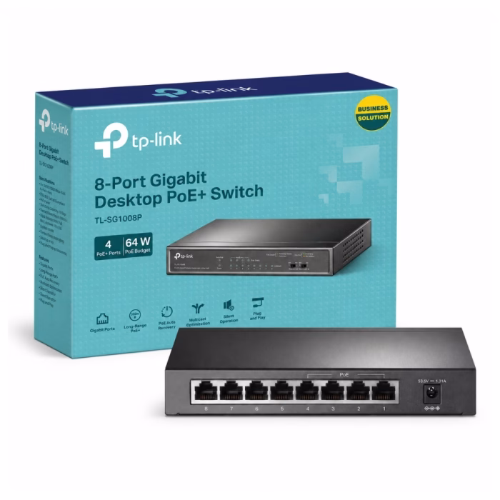 tp-link-tl-sg1008p-8-port-gigabit-1 ด้านหลังสวิตชิ่งฮับ TP-Link TL-SG1008P แสดงพอร์ตแลน Gigabit และช่องจ่ายไฟ วางคู่กับกล่องผลิตภัณฑ์