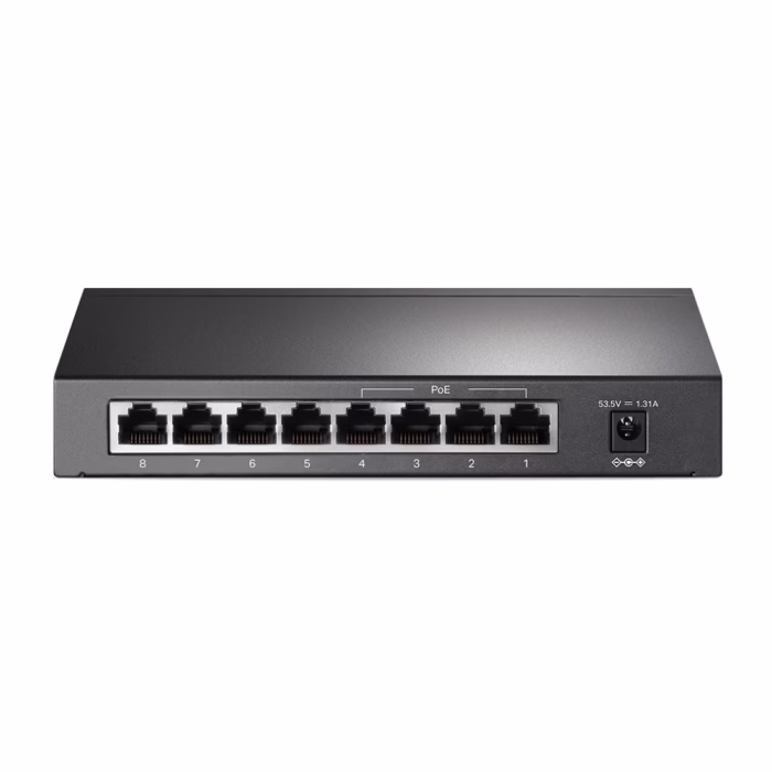 tp-link-tl-sg1008p-8-port-gigabit-2 แผงพอร์ตด้านหลังสวิตชิ่งฮับ TP-Link TL-SG1008P แสดงพอร์ตแลน Gigabit 8 ช่องและช่องต่ออแดปเตอร์แปลงไฟ