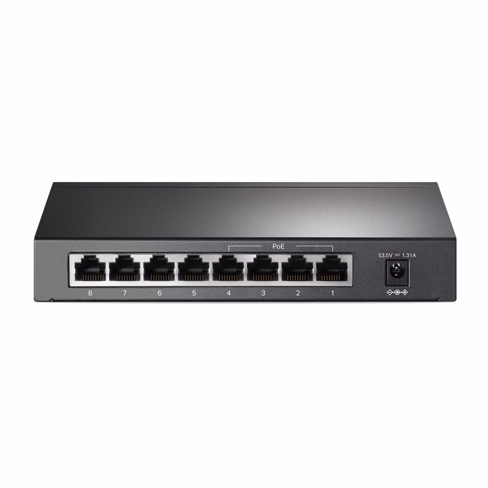 แผงพอร์ตด้านหลังสวิตชิ่งฮับ TP-Link TL-SG1008P แสดงพอร์ตแลน Gigabit 8 ช่องและช่องต่ออแดปเตอร์แปลงไฟ