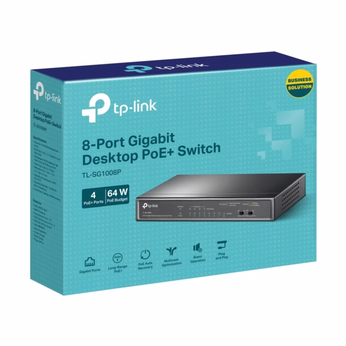 tp-link-tl-sg1008p-8-port-gigabit-3 สวิตชิ่งฮับ TP-Link TL-SG1008P 8-Port Gigabit Switch สีดำ มุมเฉียง วางคู่กับกล่องบรรจุภัณฑ์สีฟ้า